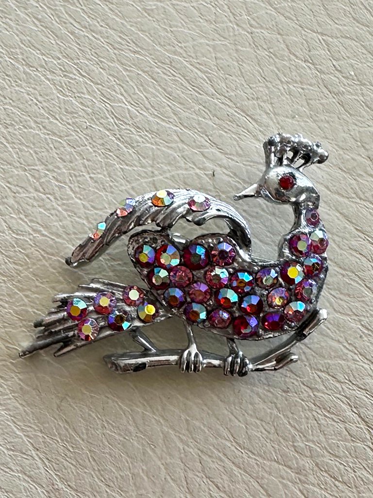 Vintage 1950s Aurora Borealis Jewelry Peacock Pin, Bird Brooch, Bird Pin